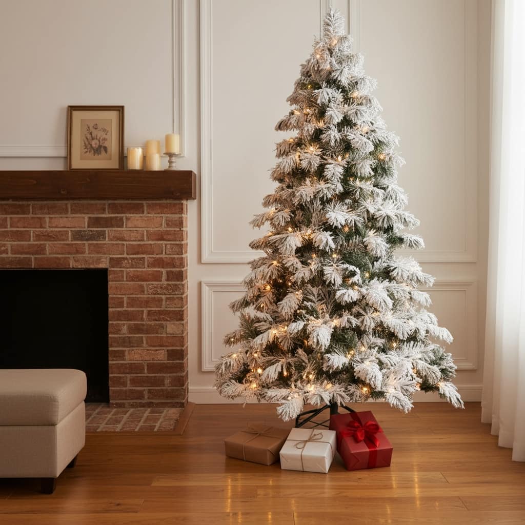 HomeRoots 6' White Pre Lit Full Flocked Fir Christmas Tree - 40.00 in. x 72.00 in. x 40.00 in.