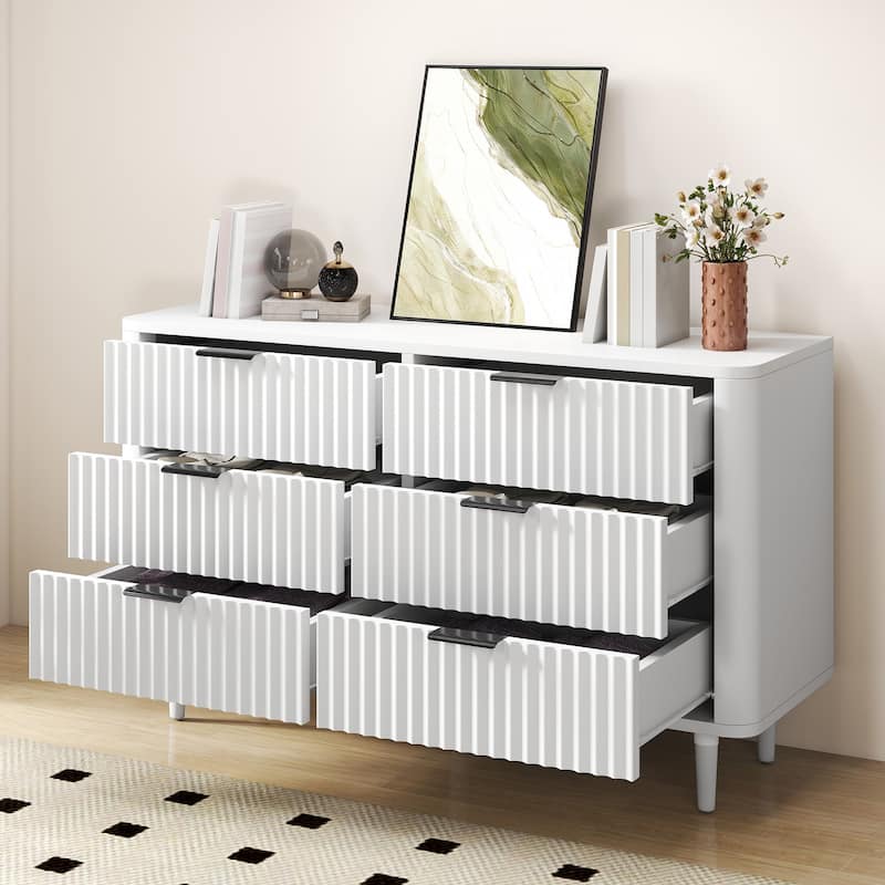 6 Drawer Wood Dresser with Wave Fluted Panel Storage Organizer for Bedroom