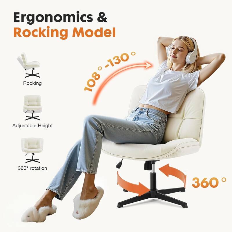 PU Leather Tilt Wide Seat Ergonomic Task Chair with Armless, Criss Cross Legged and No Wheels