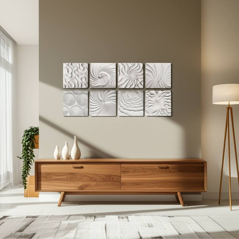 Resin Wall Art Sculptural Texture Panel (Set of 8) - 14" White - Wood - Multi - 14" x 2" x 14"