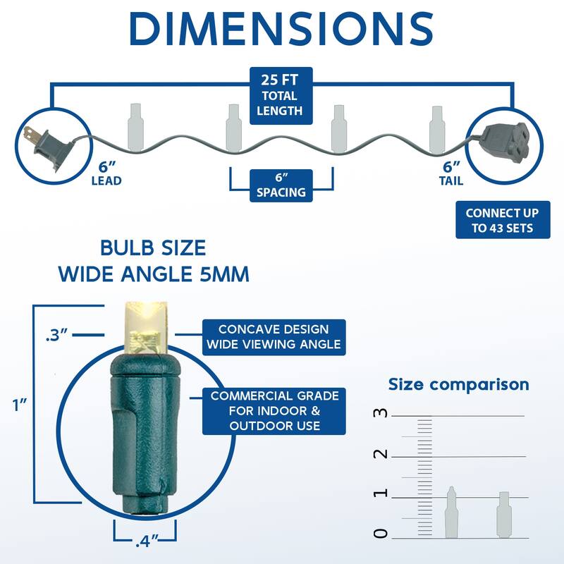 50 Light LED Christmas Mini Light Set, Patio Lights, Warm White, Green Wire, 25’