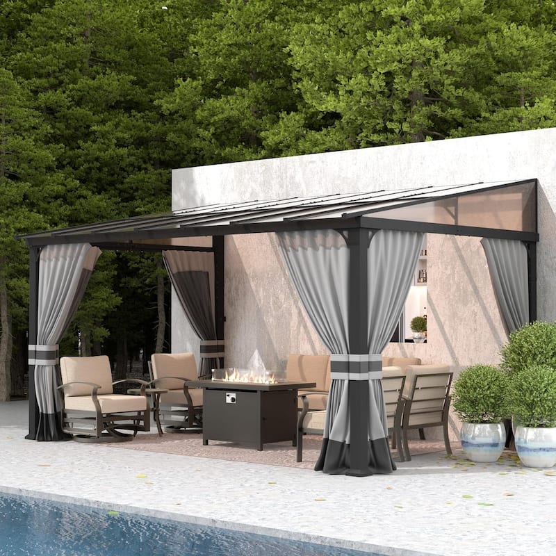 Wall Mounted Gazebo, Hardtop Permanent Outdoor Shade Canopy with Curtains for Deck, Backyard, Patio