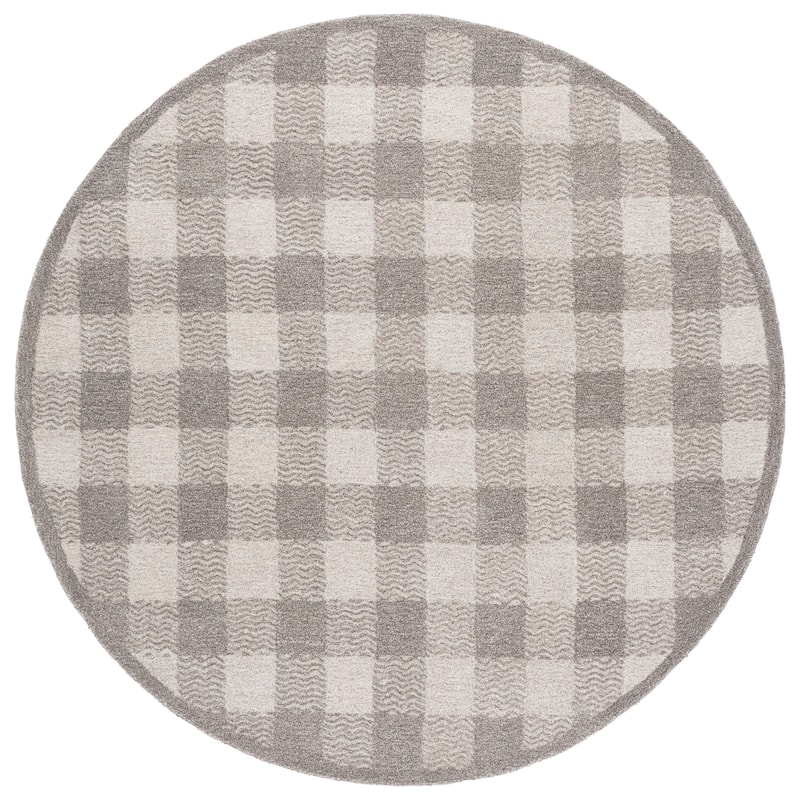 SAFAVIEH Handmade Genre Majlinda Farmhouse Gingham Wool Rug - 6' Round - Grey/Ivory