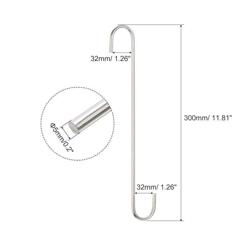 S Hanging Hooks, 12"(300mm) Extra Long Steel Hanger, Matt Silver, 6Pcs - Silver - Silver