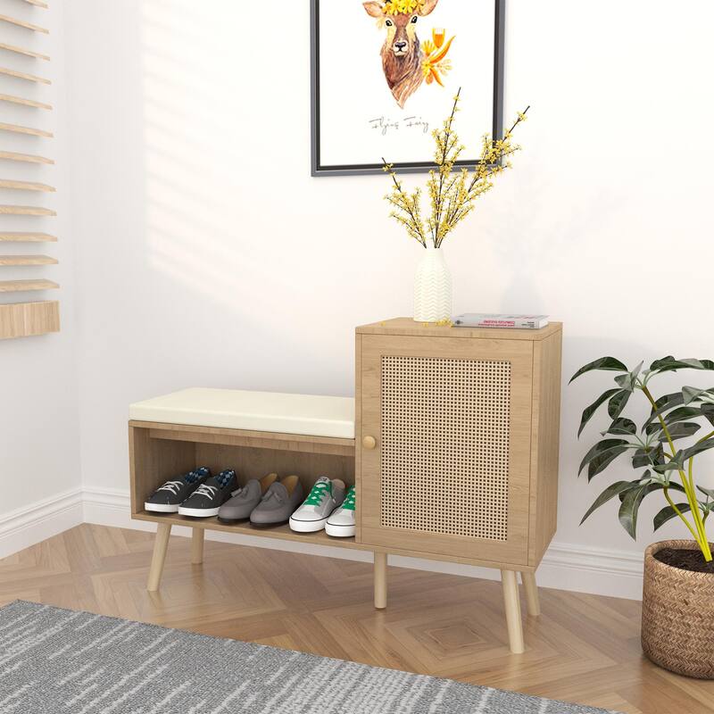 2-in-1 Rattan Shoe Bench with Hidden Storage & Cushioned Seat
