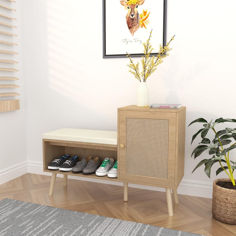 39" Shoe Storage Cabinet with Padded Cushion, Boho Shoe Bench, Wood Shoe Rack with Shoe Storage Organizer, Shoe Cabinet