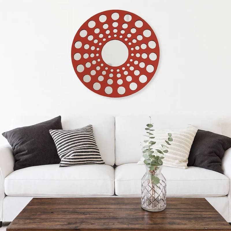 Contemporary Wooden Round Wall Decor Set of 2, with Circle Cut Outs, Red and Silver