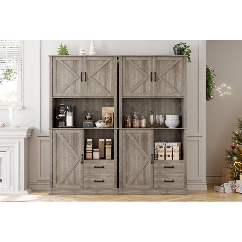 Pantry Cabinet with 2 Drawers and Open Shelves, Tall Freestanding Kitchen Pantry Cabinet with Microwave Shelf