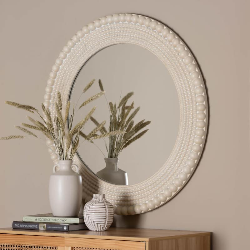 Grazia Modern Round Beaded-framed Accent Mirror in Pearl White