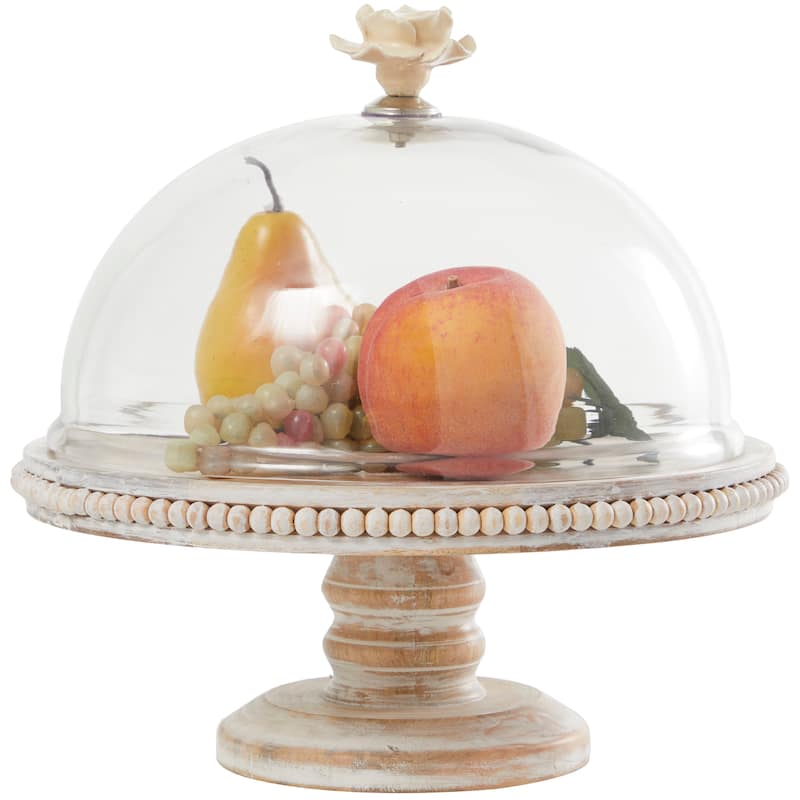 Mango Wood Cake Stand with Glass Dome - Cream - Roche River Decor - 12"W x 12"L x 12"H