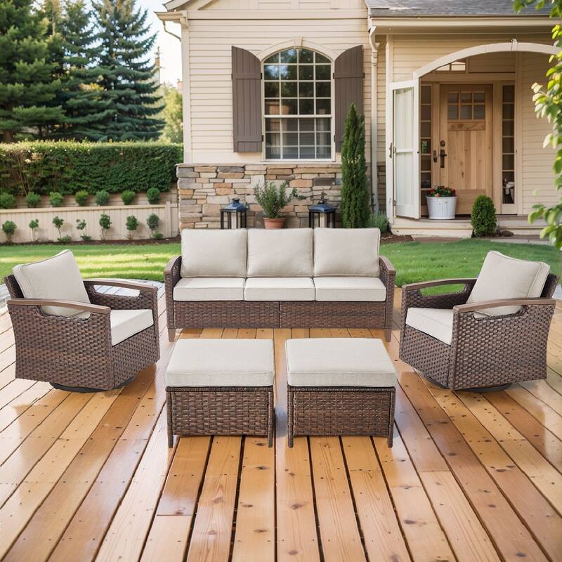 Pocassy Outdoor Brown Wicker Funitre with Cushion Set - Beige Cushion - 3-Seat Sofa with Swivel Chair Ottoman Set