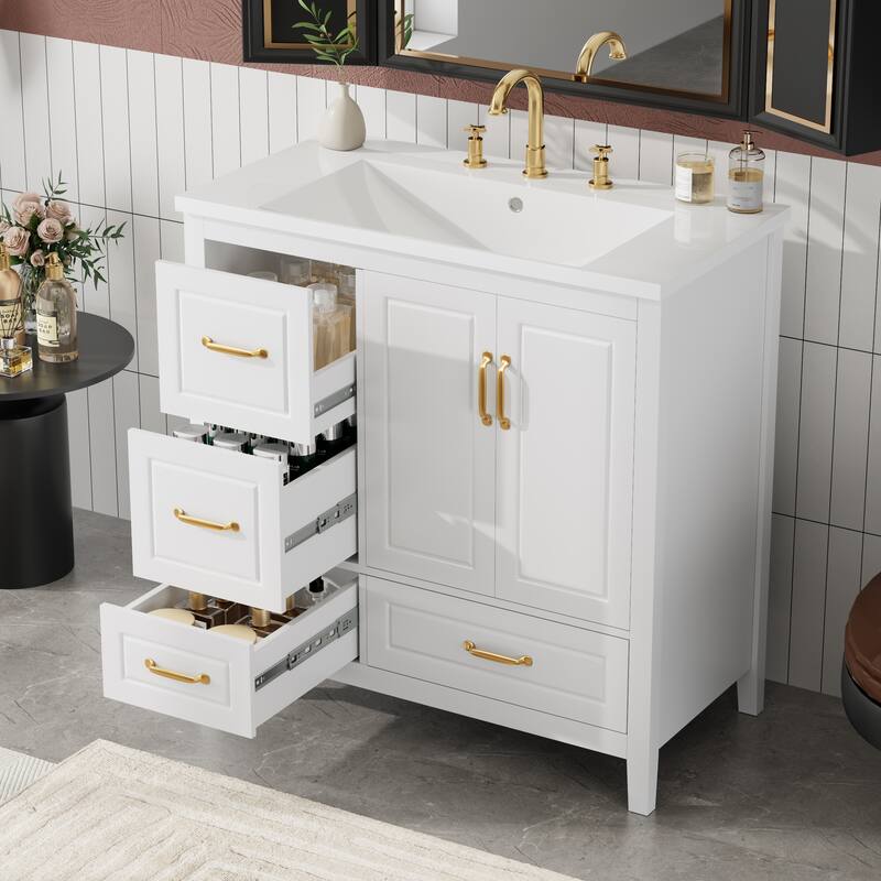 36 inch Bathroom Vanity with Sink, One Cabinet with Soft-closing Doors, 4 Soft-Closing Drawers, Metal Handles