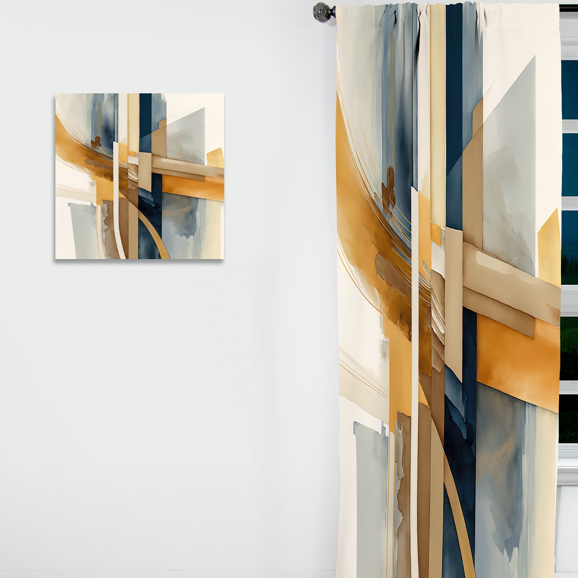 Designart "Modern Blue And Gold Abstract I" Abstract Transitional Curtain - Blackout Abstract Curtain - 1 Panel