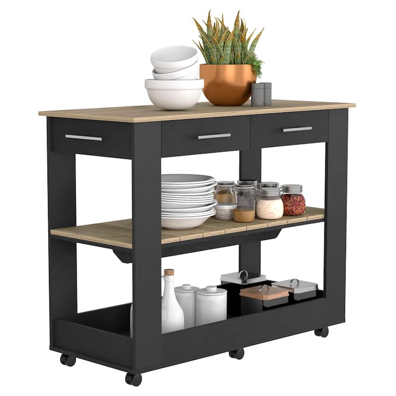 Kitchen Island 36" H, Six Casters, Two Drawers, Two Open Storage Shelves, Towel Hanger