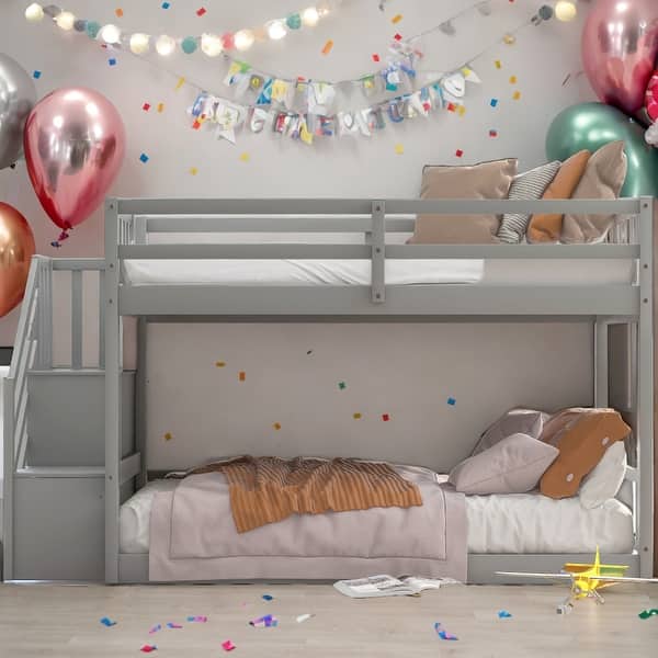 slide 2 of 20, Twin over Twin Floor Bunk Bed, Ladder with Storage, Gray