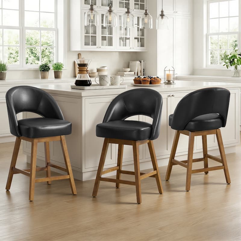 Upholstered Swivel Counter Height Bar Stools with Cutout Back and Solid Wood Frame - 38.2"H x 22.1"W x 23.6"D