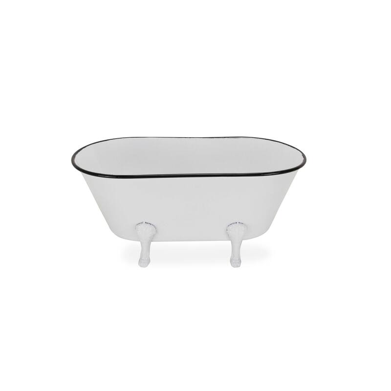 HomeRoots 9" White White And Black Metal Hand Painted Decorative Tub - 20.00 in. x 9.00 in. x 11.00 in.