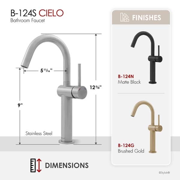 dimension image slide 2 of 3, STYLISH Single Handle Vessel Sink Bathroom Faucet 13 inch Tall