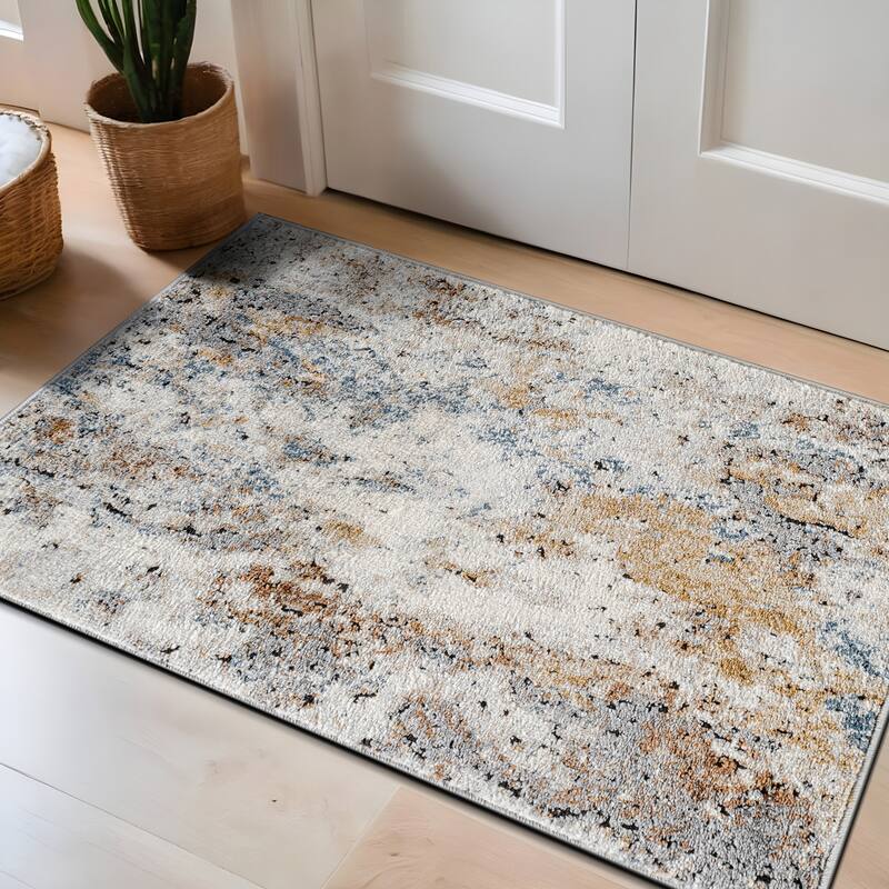 Muted Multi-Tonal Abstract Area Rug - Rug for Living Room, Bedroom - Easy to Clean, Polypropylene/Polyester with Jute Backing - 2' x 3'