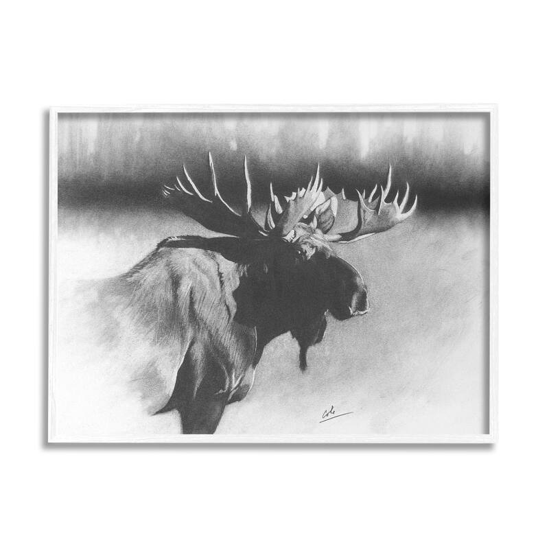 Stupell Moose in Rustic Forest Realistic Pencil Drawing Framed Wall Art - Grey - 24 x 30 - White