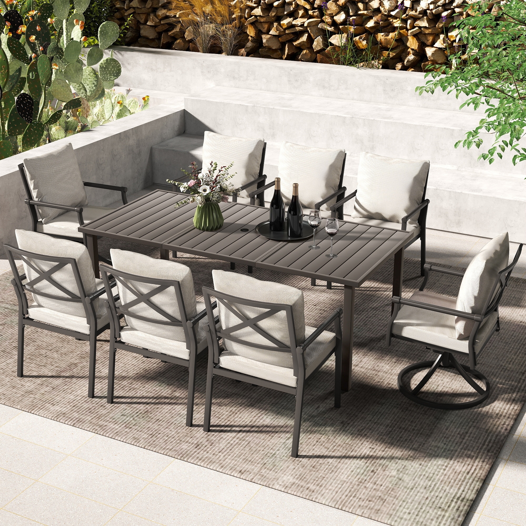 Urbanease 9-Piece Metal Patio Dining Set with Beige Cushions, 6 Dining Chairs, 2 Swivel Chairs and Rectangular Table