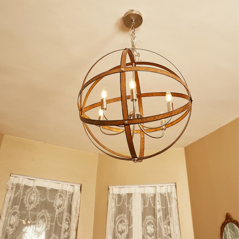 6-Light Barnwood And Brushed Nickle Pendant Lighting - 23.84"x23.84"x26.54"