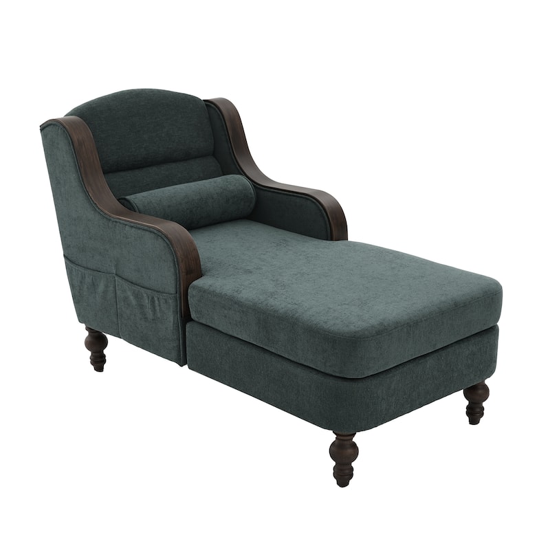 Ergonomic Chaise Lounge Indoor Chenille Single Lazy Sleeper Sofa Bed with Side Pockets, Solid Wood Armrests and Foots