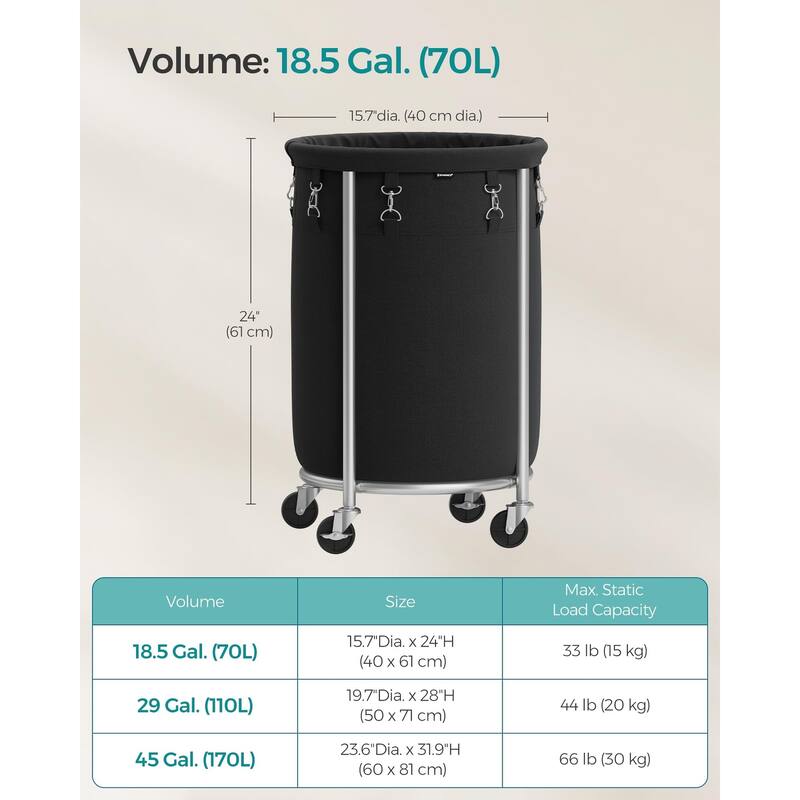 Laundry Basket with Wheels,Rolling Laundry Hamper,18.5 Gal,Round Laundry Cart with Steel Frame and Removable Bag,4 Casters