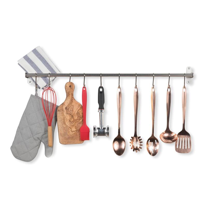 Wallniture Lyon Steel 31.5'' Pot Rack with 10 Hooks, Utensil Holder, Silver