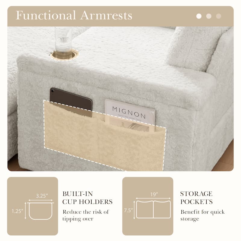 Roomfitters Oversized Chaise Lounge Sofa Bed with Ottoman, Faux Fur Sleeper Chair with Cup Holders