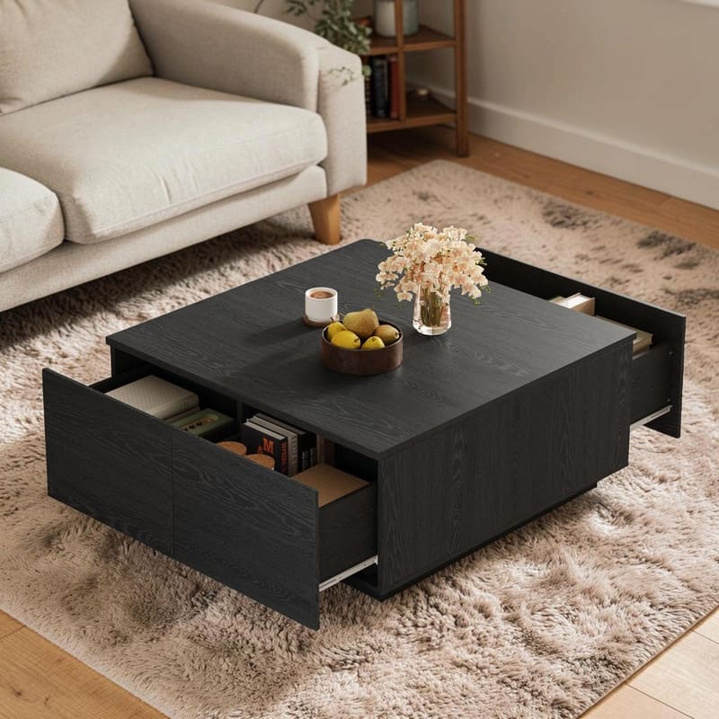 33.25" Square Coffee Table with 4 Drawers, Modern Storage Center Table for Living Room