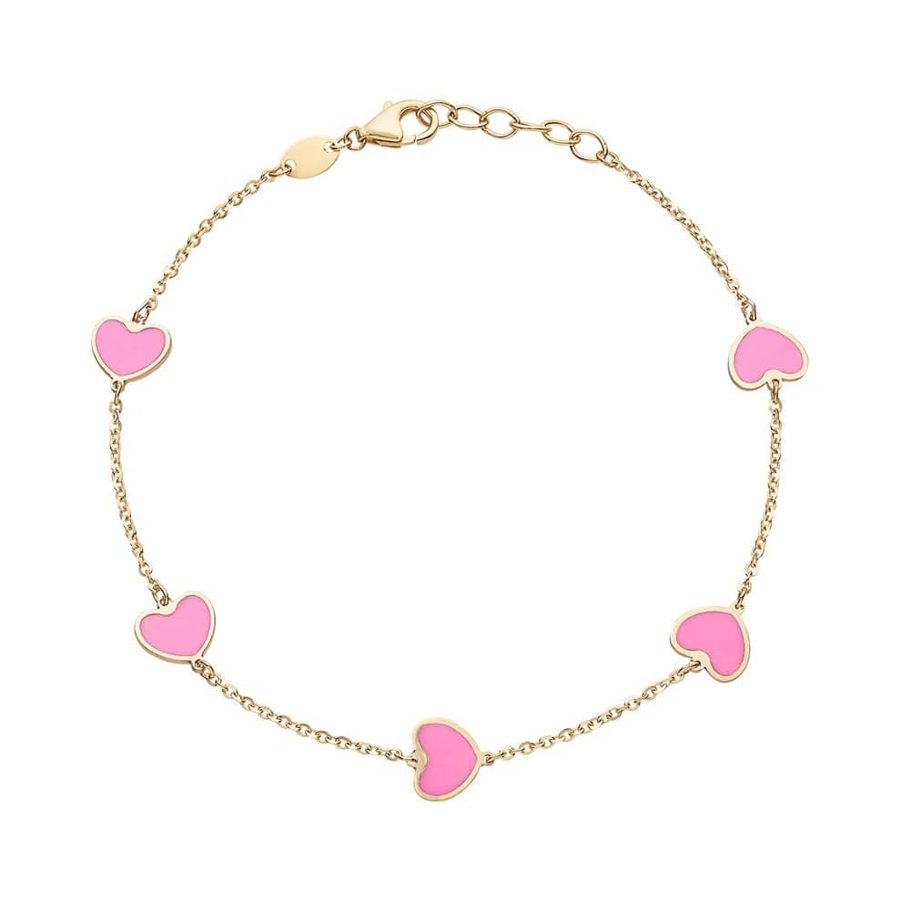 Curata 14k Yellow Gold Italian 7" Inlaid Genuine Gemstone 7mm Sideways Heart Station Bracelet