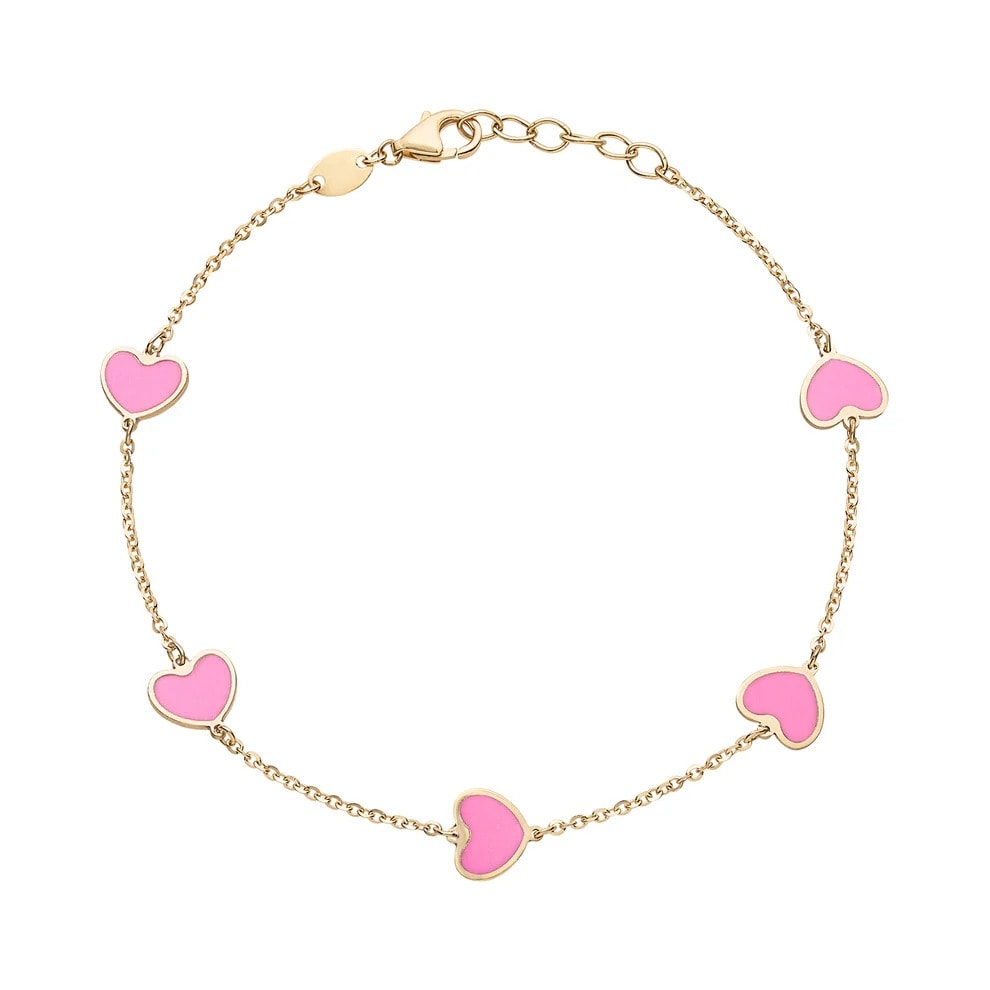 Curata 14k Yellow Gold Italian 7" Inlaid Genuine Gemstone Sideways Heart Station Bracelet