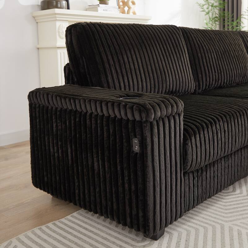 110" Corduroy L-Shaped Sectional Sofa with Storage, USB Charging and Cup Holders