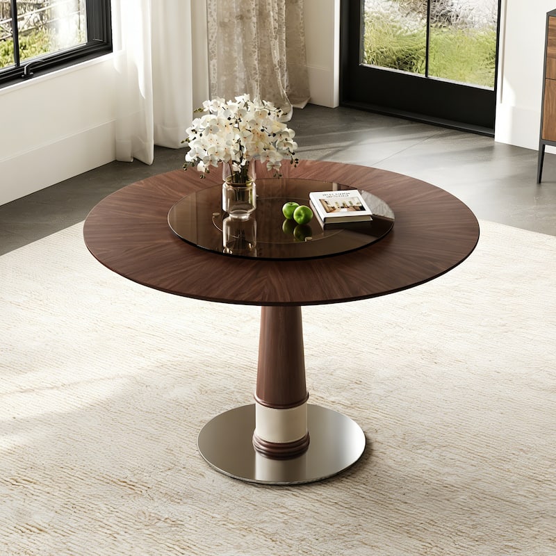 47" Solid Wood Round Dining Table with Tempered Glass Lazy Susan, Retro Style Kitchen Table with Metal Base
