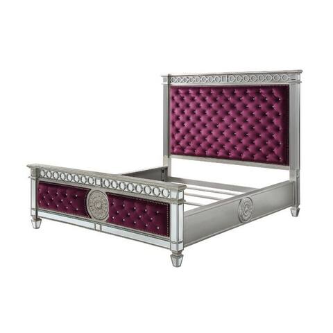 Queen Bed with Button Tufting and Mirror Trim, Purple