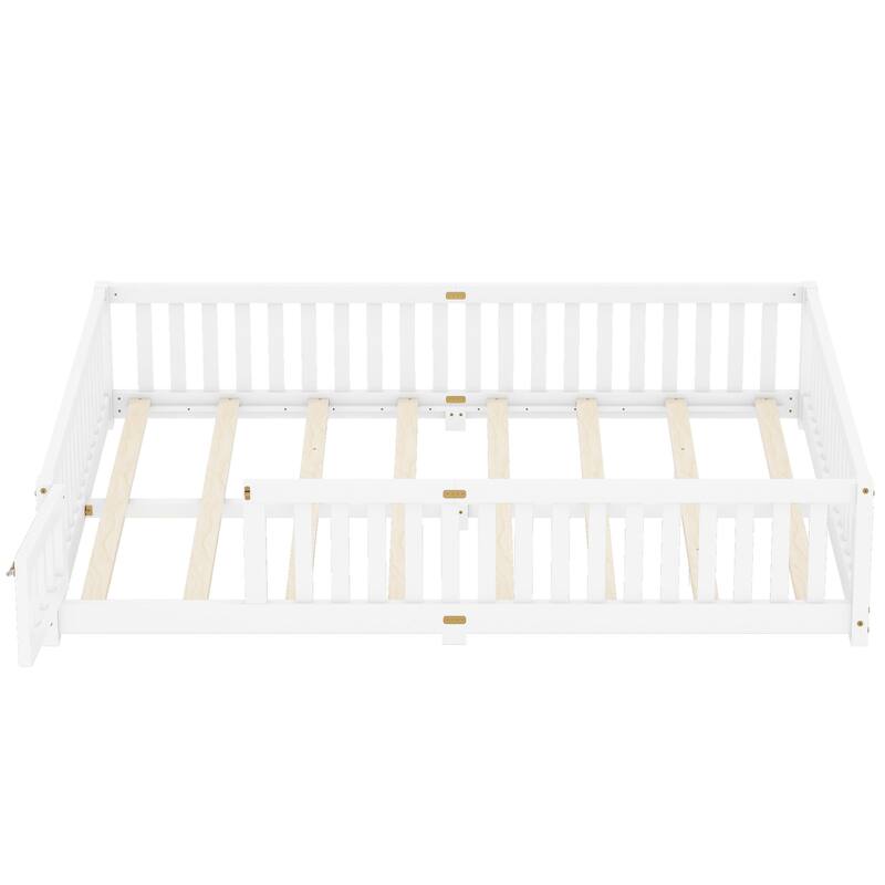 Queen Size Pine Wood Floor Bed with Safety Guardrails and Door for Kids, Boys, Girls, Bedroom