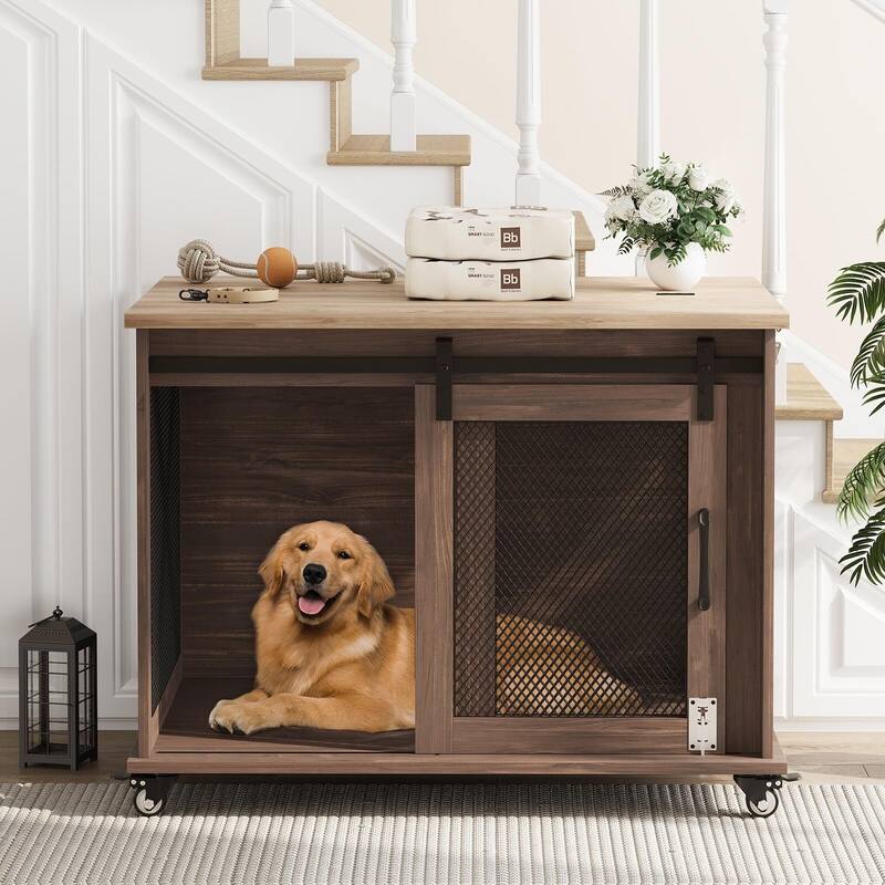 Dog Crate Furniture with Sliding Barn Door,Flip Top Furniture Style Dog Crate End Table with Wheels - Brown
