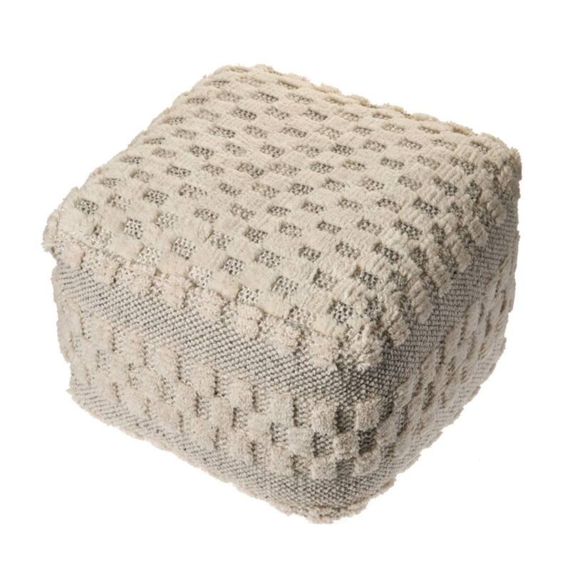 18" Beige and Gray Checkered Wool Square Pouf Ottoman