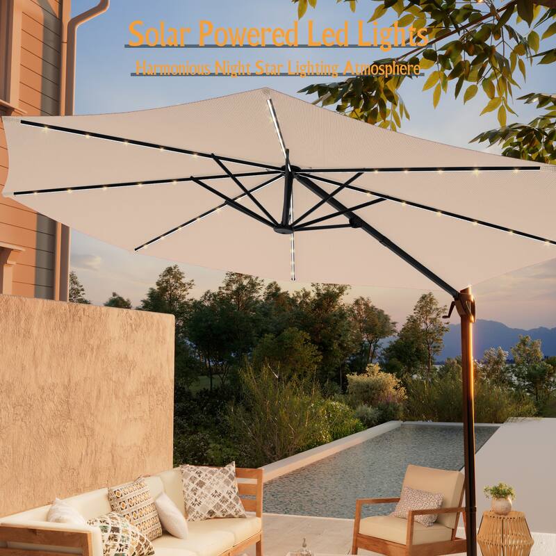 LIVOOSUN 10FT LED Round Cantilever Umbrella For Your Outdoor Space, Solution-Dyed Fabric, 360° Rotation System