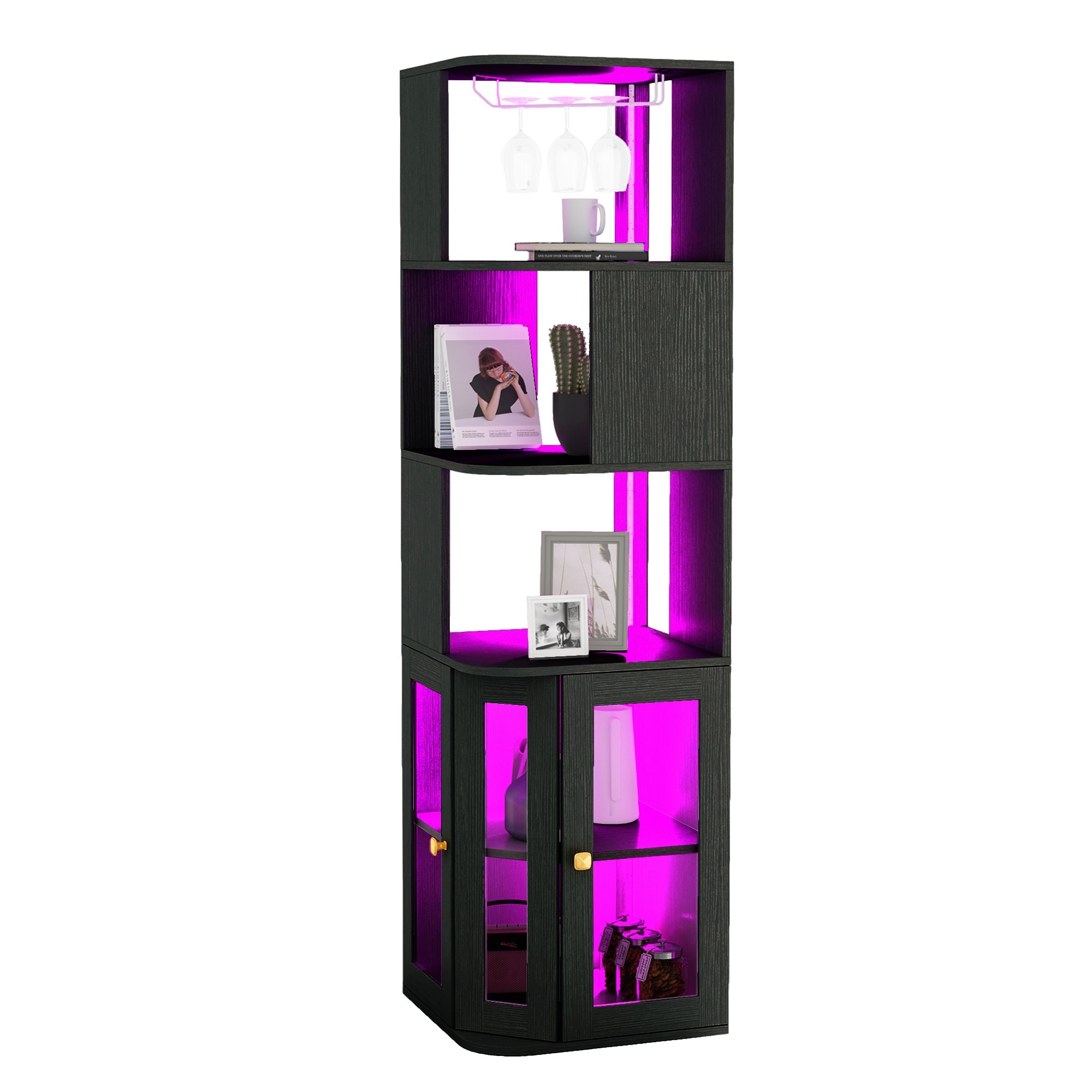 Moasis Modern LED Corner Wine Cabinet with Glass Holder and Adjustable Shelves