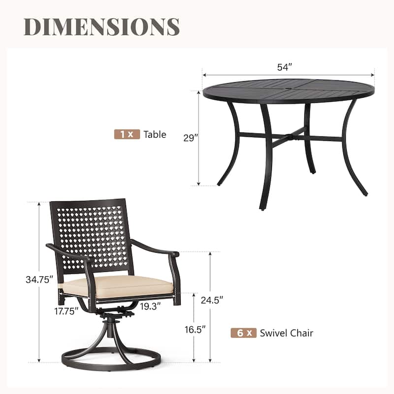 MAISON ARTS 7-Piece Patio Dining Set , Large Round Dining Table with Umbrella Hole & Metal Swivel Dining Chairs
