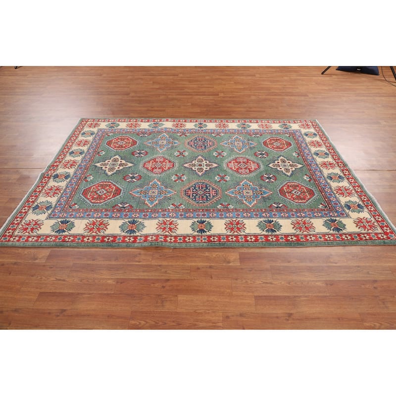 Kazak Oriental Area Rug Handmade Green Geometric Wool Carpet - 5'1" x 7'3"