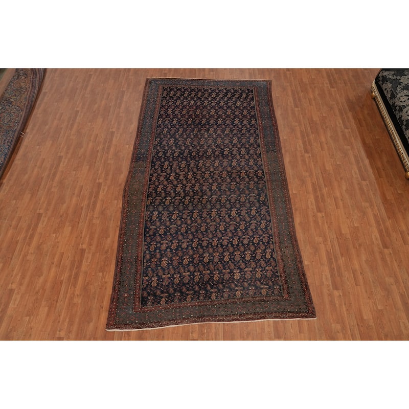 Hand Knotted Oriental 100% Wool Carpet Traditional Floral Navy Blue & Blues Malayer Area Rug - 13' 6'' X 6' 11''