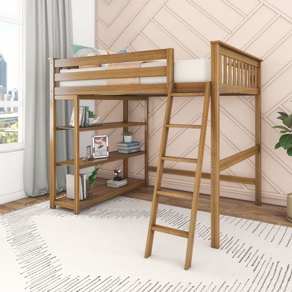 slide 2 of 18, Max and Lily Full-Size High Loft Bed with Bookcase Pecan