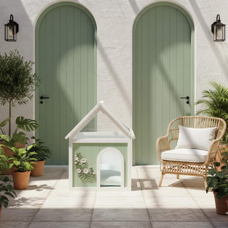 Transparent Roof Wooden Pet House with Floral Carvings FSC Cedar Indoor Shelter for Cats