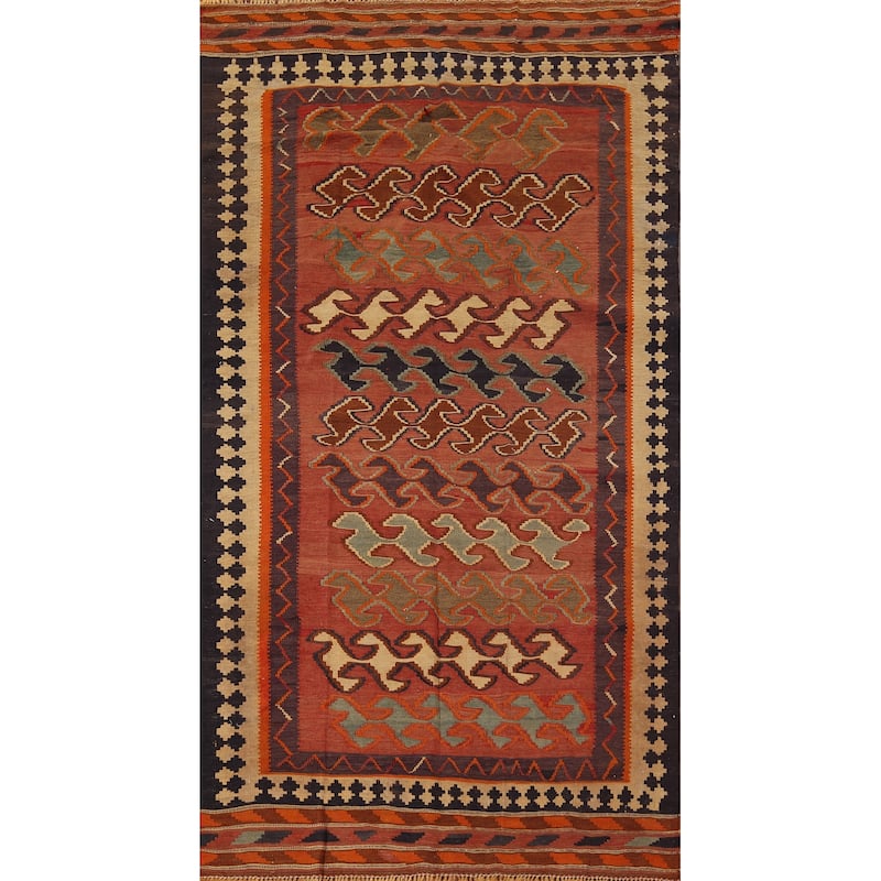 Vegetable Dye Kilim Qashqai Persian Runner Rug Flatweave Wool Carpet - 4'4"x 9'0"