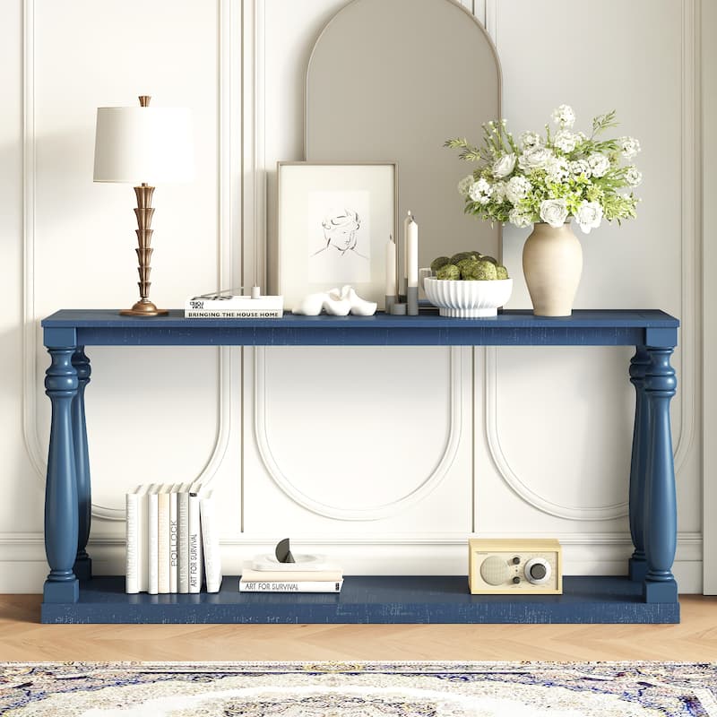 Roomfitters Vintage Console Table with Turned Legs, Narrow Entryway Table with Lower Shelf for Hallway Living Room - Navy Blue