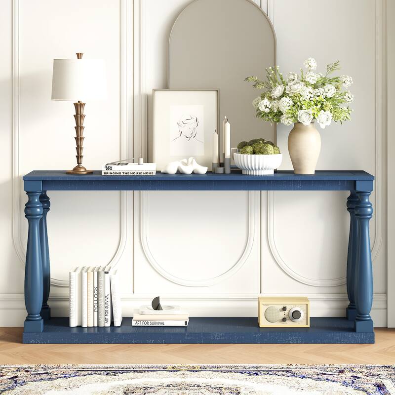 Vintage Wood Grain Console Table with Bottom Shelf and Vase Legs, 63" Narrow Long Entryway Table Living Room Side Table - Navy Blue