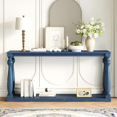 Vintage Wood Grain Console Table with Bottom Shelf and Vase Legs, 63" Narrow Long Entryway Table Living Room Side Table